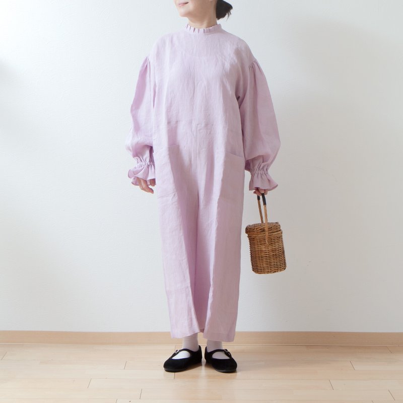 Tuck frill collar gathered long sleeve Linen all-in-one/camel - Overalls & Jumpsuits - Cotton & Hemp Pink