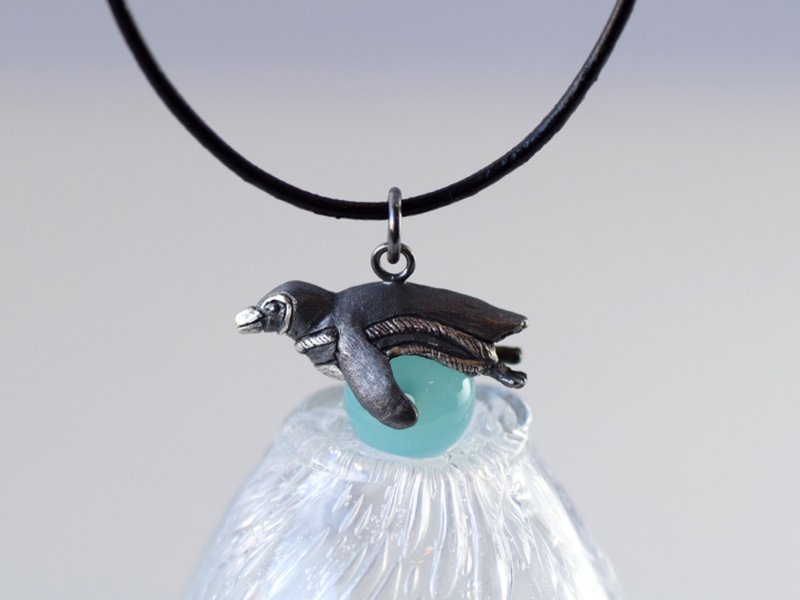 Penguin ball pendant with sea blue chalcedony leather string necklace - Necklaces - Other Metals Transparent