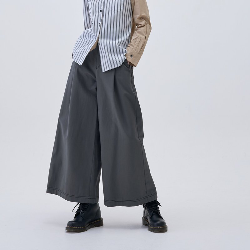 Pressed pleated wide trousers - กางเกงขายาว - ผ้าฝ้าย/ผ้าลินิน สีเทา