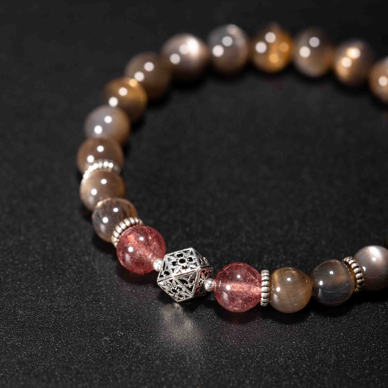 黑骨幹太陽石草莓晶925純銀手鍊 | 黑色天然水晶手鏈禮物 - 手鍊/手環 - 半寶石 咖啡色