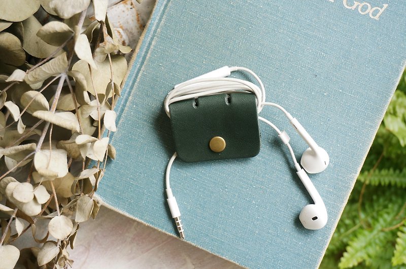 Green  -Square Style Collector for Earphone - ที่เก็บสายไฟ/สายหูฟัง - หนังแท้ สีเขียว