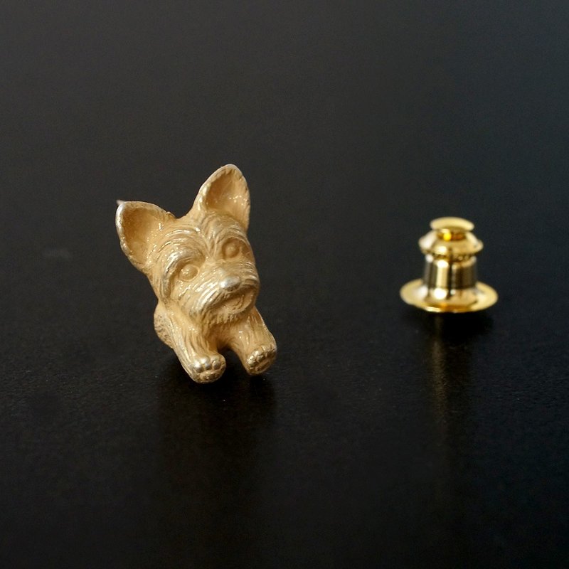Yorkshire terrier dog pin brooch brass - เข็มกลัด - โลหะ สีทอง