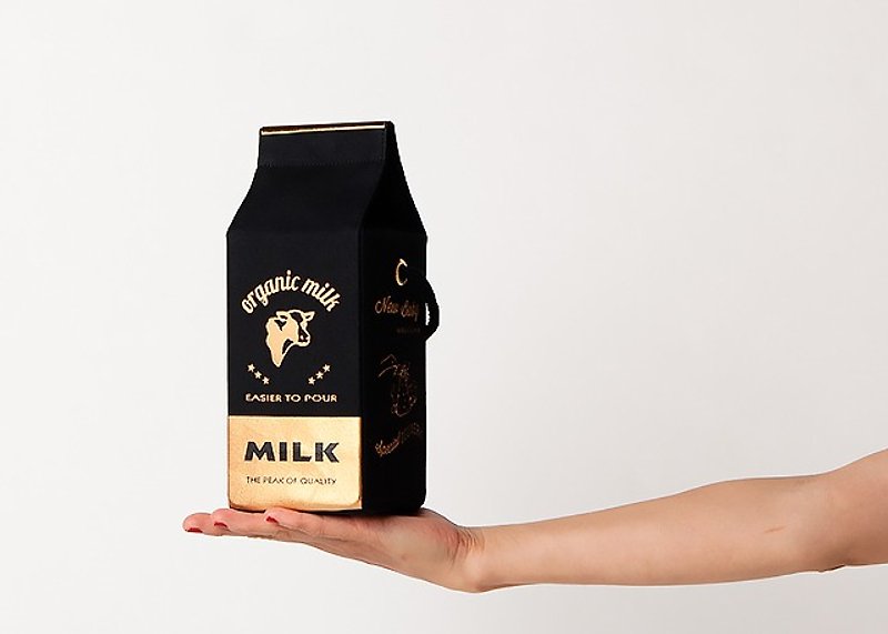 棉．麻 側背包/斜背包 黑色 - 有機牛奶盒肩背包 Organic milk pochette  --  GOLD BLACK