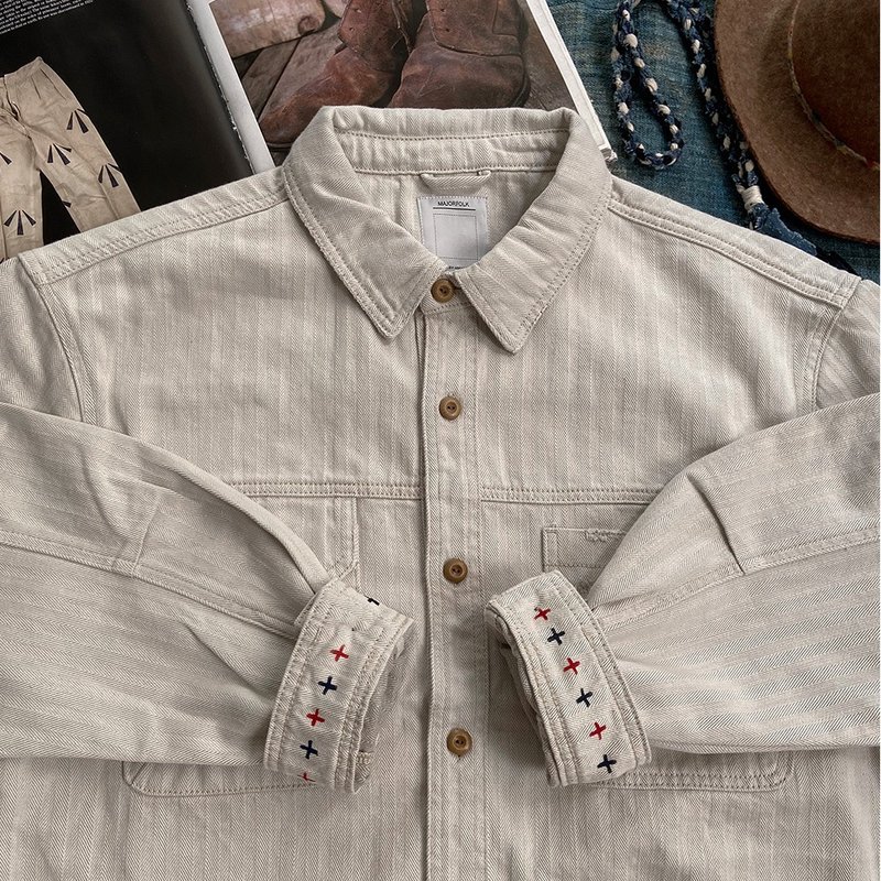 MajorFolk Japanese Retro Hand-Painted Two-Tone Cross Ivory White Autumn/Winter Men's Long-Sleeve Shirt Jacket - เสื้อเชิ้ตผู้ชาย - ผ้าฝ้าย/ผ้าลินิน 