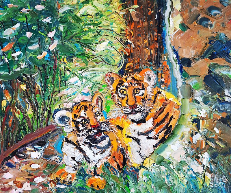 Tigers Painting Original Art Impasto Oil Painting Animal Art Palette Knife - ตกแต่งผนัง - วัสดุอื่นๆ สีส้ม