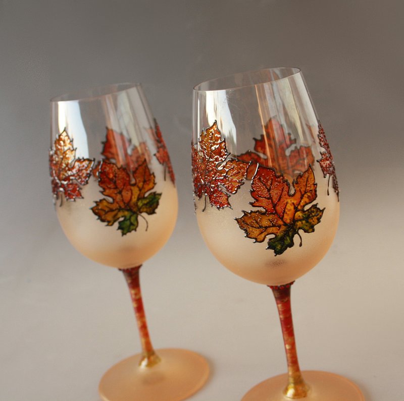 Fall Leaves Wine Glasses Hand-painted set of 2 - 酒杯/酒器 - 玻璃 橘色
