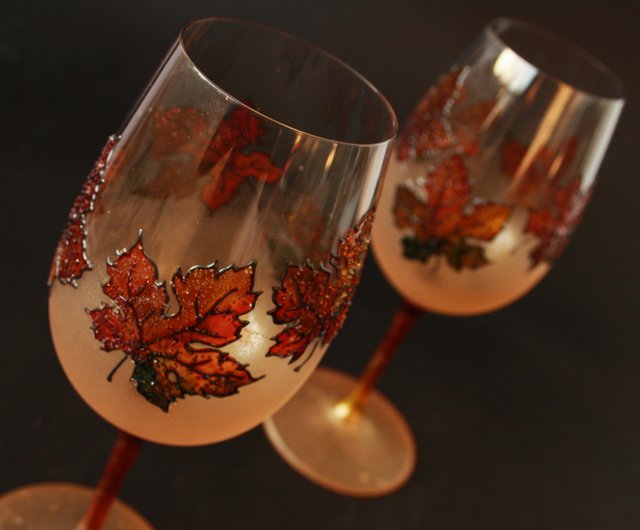 Hand Painted Martini Glasses Fall Leaves set of 2 