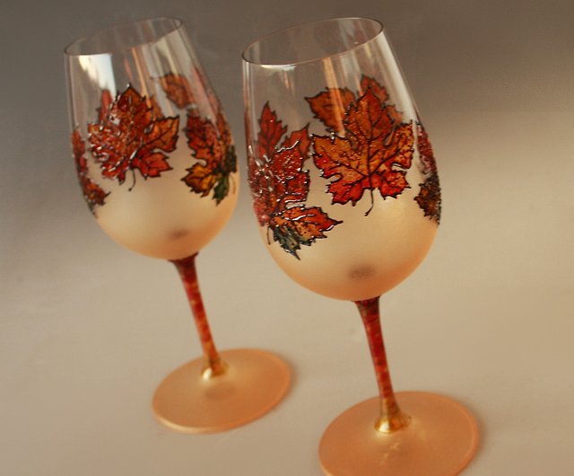 Hand Painted Martini Glasses Fall Leaves set of 2 