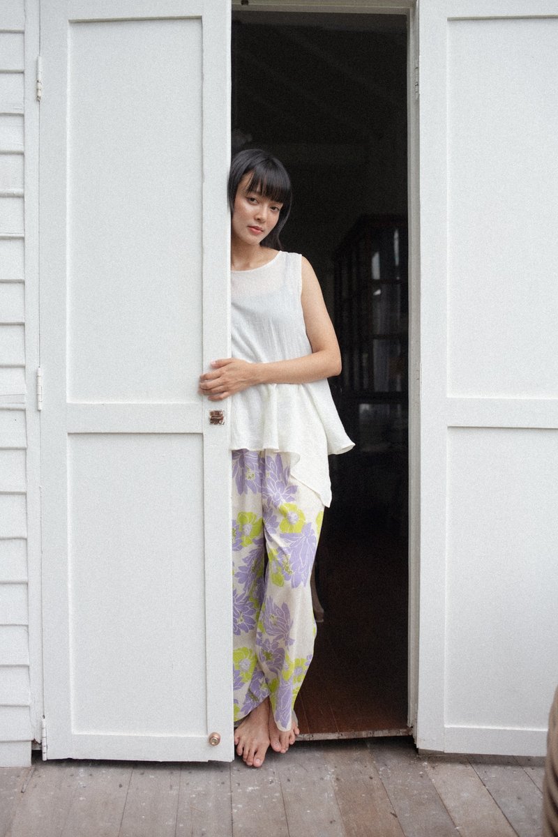 Mulmul purple floral wide pants - กางเกงขายาว - ผ้าฝ้าย/ผ้าลินิน สีม่วง