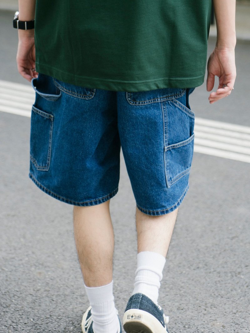SHORTS 洗水工裝牛仔短褲 日系潮流美式復古多袋單寧夏季休閒褲 - 男短褲/工作短褲 - 棉．麻 藍色