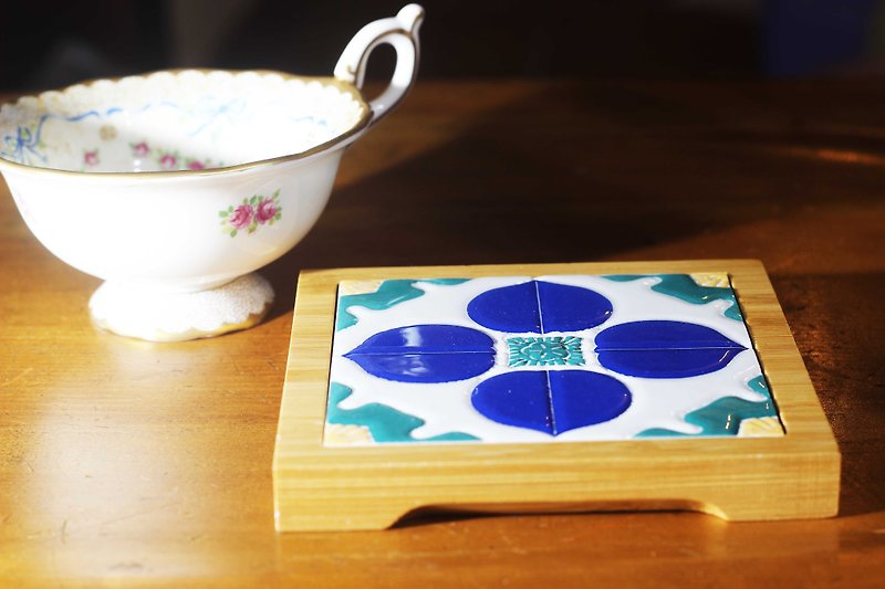 Taiwan Tile Bamboo Coaster---Sapphire Ankang - Coasters - Pottery Blue
