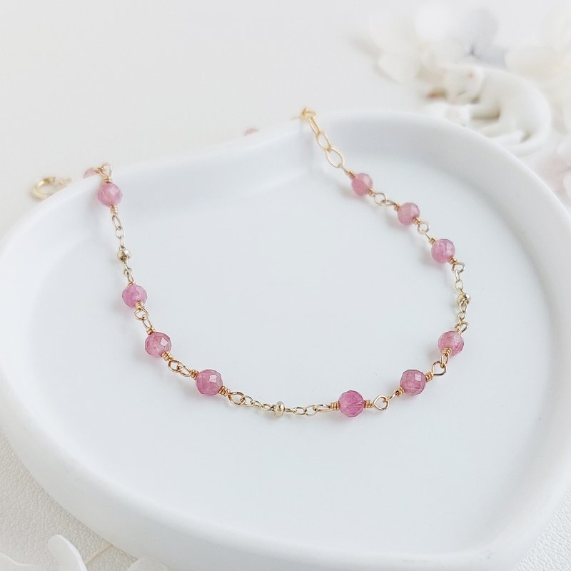 Rose Pink Tourmaline x 14KGF Bracelet•Mini Gold Ring - สร้อยข้อมือ - เครื่องประดับพลอย สึชมพู