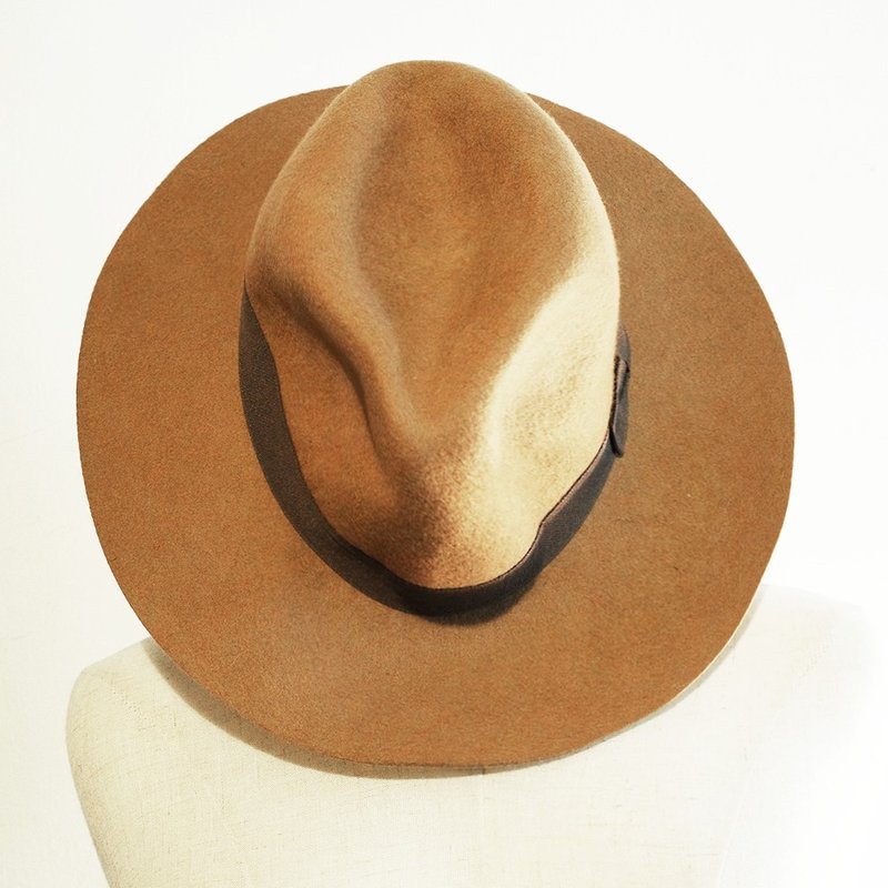 WEGO Vintage Japanese Pure Wool Panama Hat Cowboy Hat Gentleman Hat Soft Hat Wide Brim - หมวก - ขนแกะ สีกากี