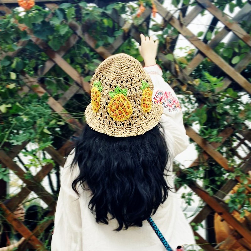 钩织系列 夏威夷度假编织帽子菠萝刺绣漁夫帽 - 帽子 - 繡線 黃色