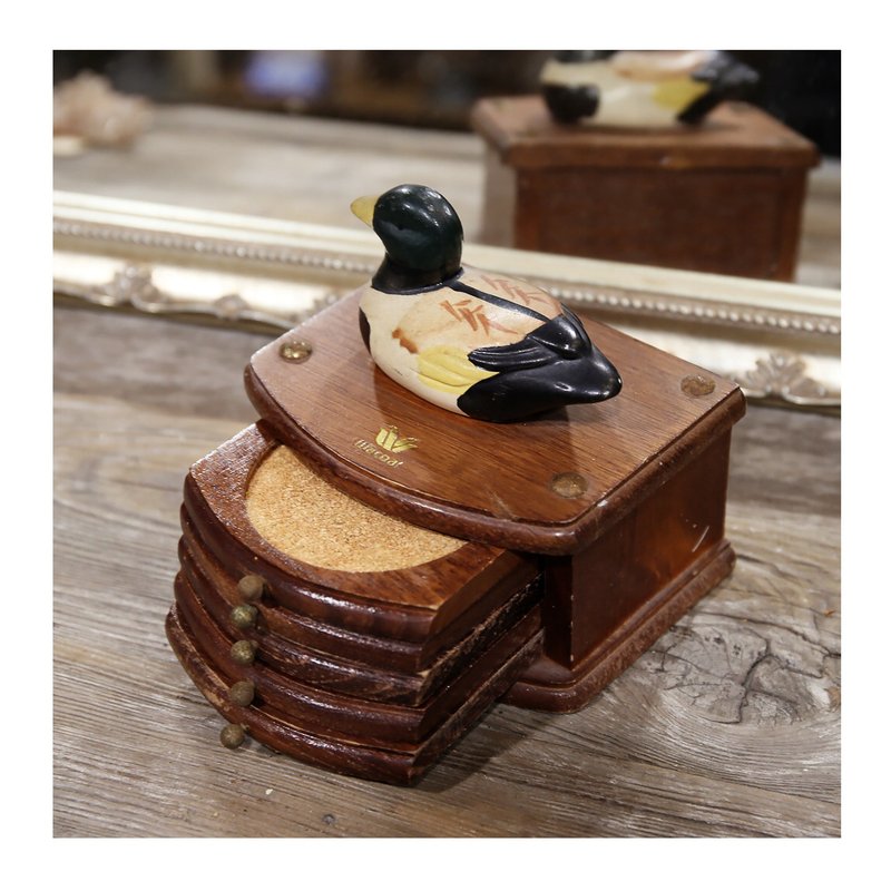 Vintage. Early Wacoal Custom Green-Headed Duck Solid Wood Cork Coaster Set. 1970s. - ของวางตกแต่ง - ไม้ 