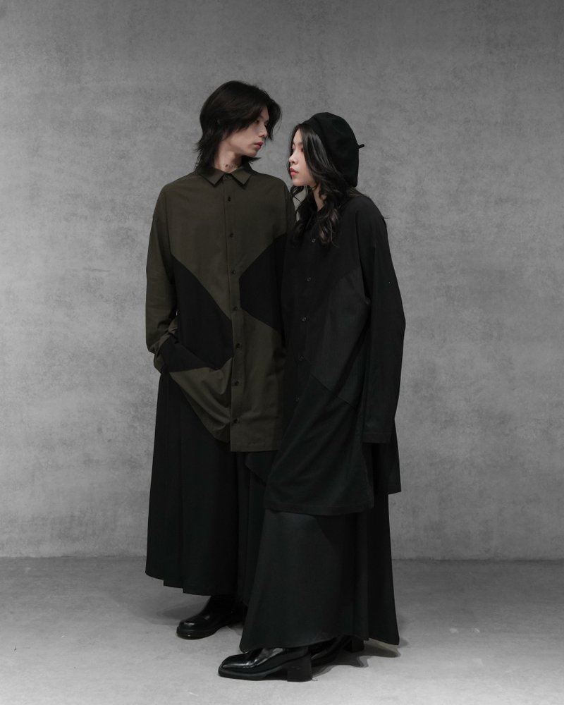 MUKK DESIGN 異材質條紋剪接長版襯衫-軍綠 - 男襯衫/休閒襯衫 - 聚酯纖維 綠色