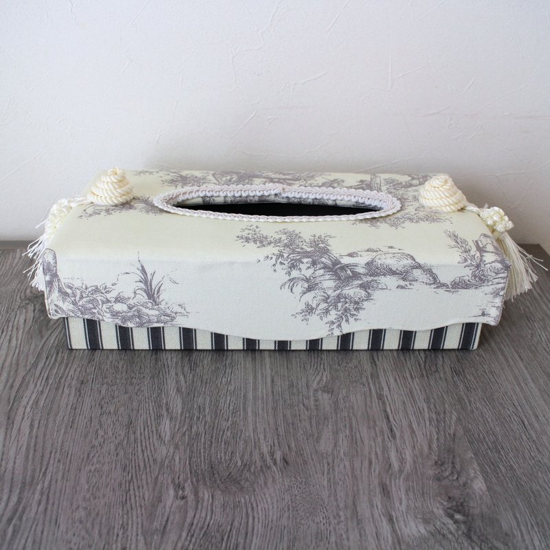 Toile de Jouy French Chic Tassel Tissue Box Tissue Cover Tissue Box [Made-to-Order] - Tissue Boxes - Cotton & Hemp White