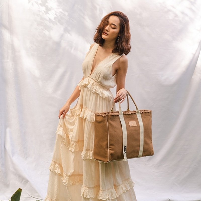 Daydreaming Oversized Canvas Leather Weekender Bag - Peanut - 行李箱/旅行袋 - 環保材質 卡其色