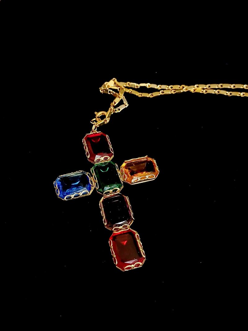 vintage jewelry  古典彩色玻璃十字架 項鍊 - 項鍊 - 其他金屬 