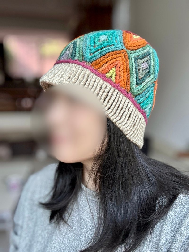 童/成人聖誕禮物/南美洲秘魯100%純羊駝毛手工帽米白菱格彩色民族 - 帽 - 羊毛 多色