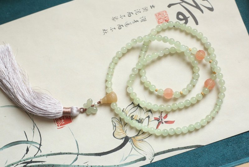 Natural Hotan Jade/Hotian Jade-Qingshui Jade Hotan Jade Pixiu Tee South Red Lotus Design Multi-circle Bracelet - สร้อยข้อมือ - หยก สีเขียว