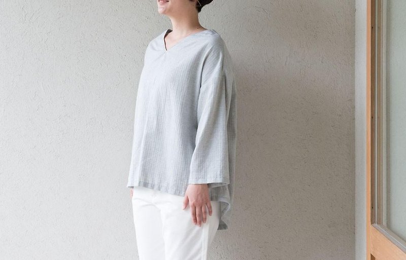 Organic Cotton lacquer collar loose loop pullover 10 minutes sleeve [thin herringbone fabric / gray] - Women's Tops - Cotton & Hemp 