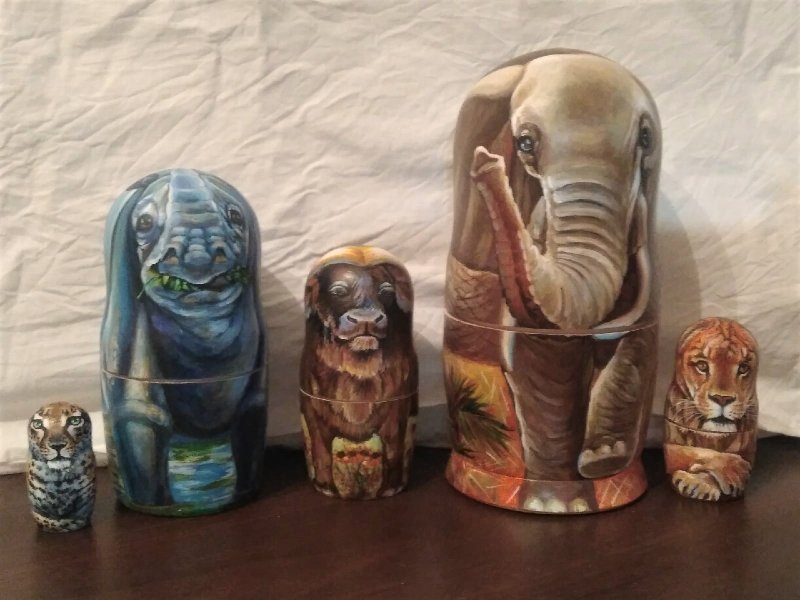 African animals matryoshka Big Five wooden nesting dolls 5 pieces - ภาพวาดบุคคล - ไม้ 