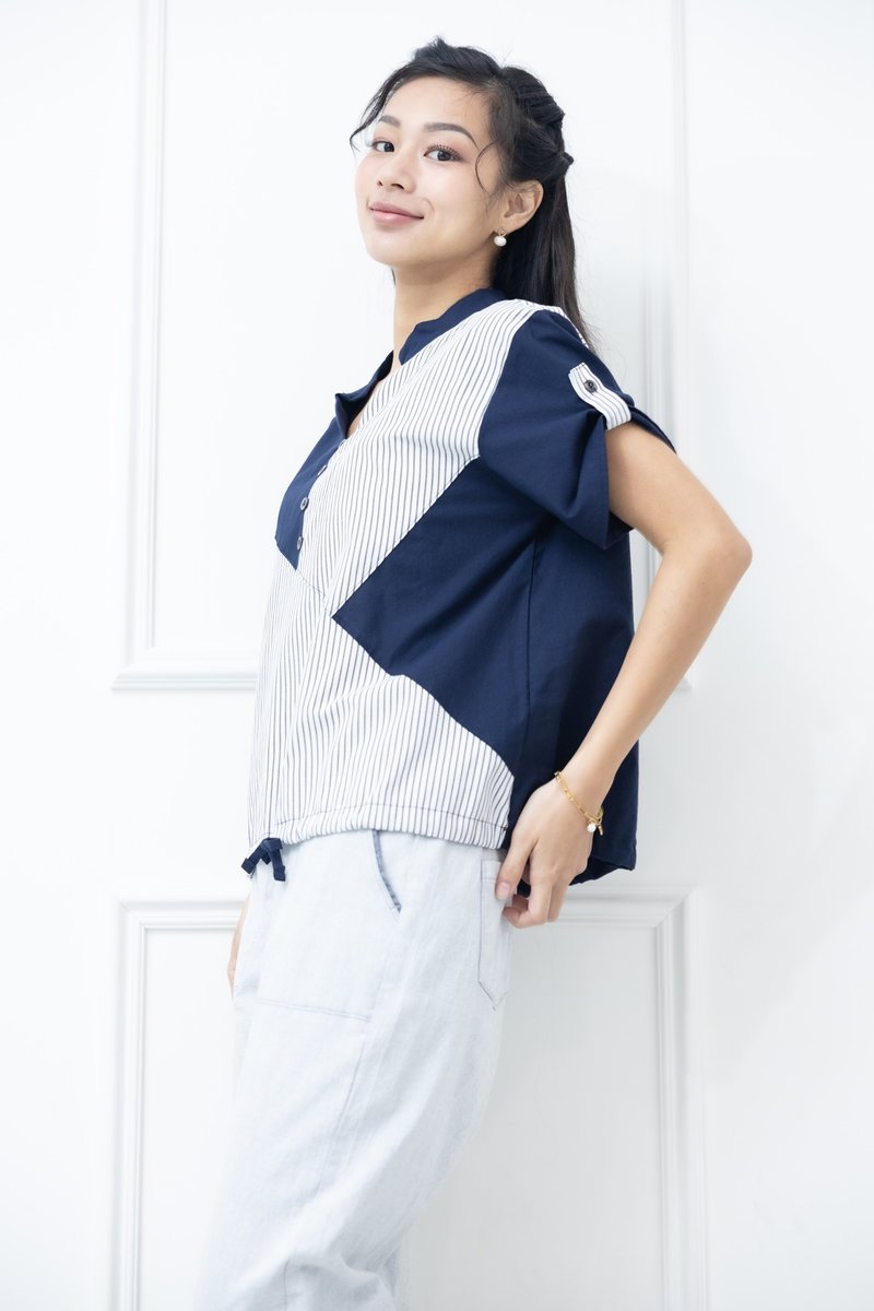 部分黑色直線條下擺抽繩上衣 藍色 - 女 T 恤 - 其他材質 藍色