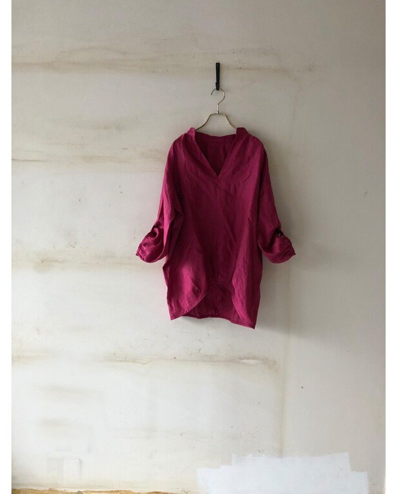 French Linen raglan tunic - เสื้อเชิ้ตผู้หญิง - ผ้าฝ้าย/ผ้าลินิน สีแดง