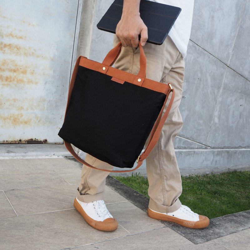 TWO TONE - Canvas Bag + 11inch Tablet Compartment, Cotton, Crossbody, Black - 其他 - 棉．麻 黑色
