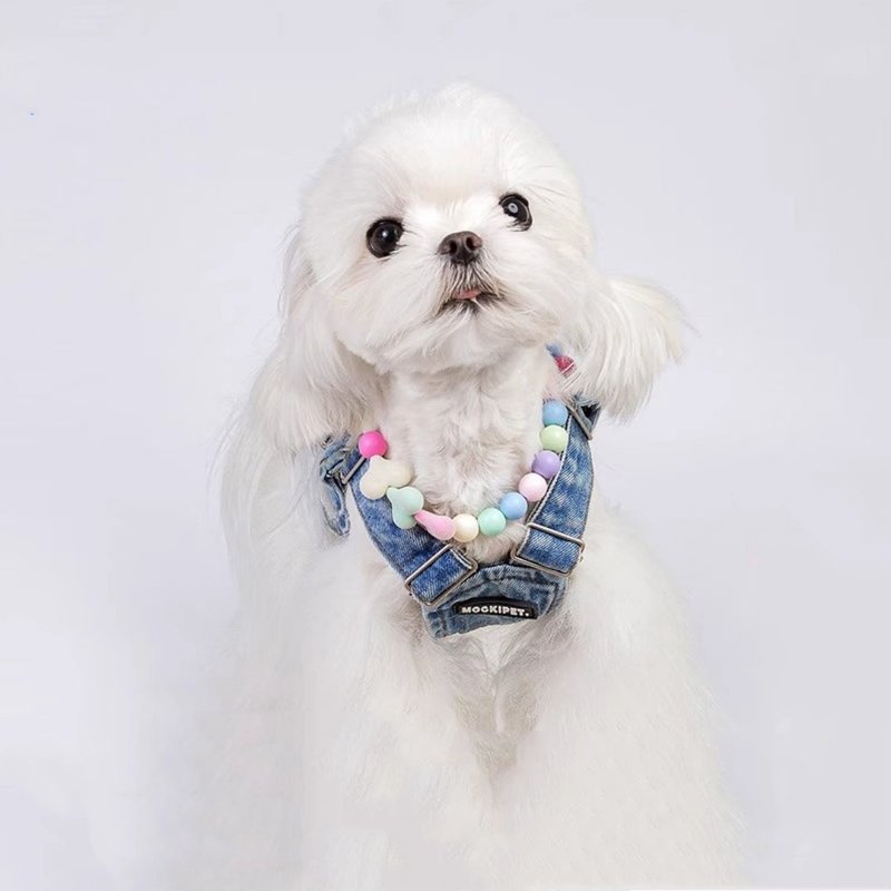 mookipet狗狗夏天衣服可牽引繩泰迪寵物小型犬牛仔背心背帶 - 寵物衣服 - 棉．麻 藍色