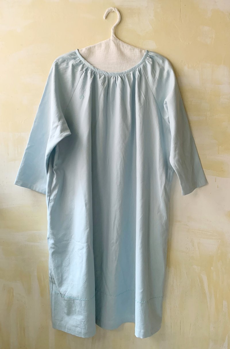 Long dress--white dove under the cloud/sky blue/dark green - One Piece Dresses - Cotton & Hemp 