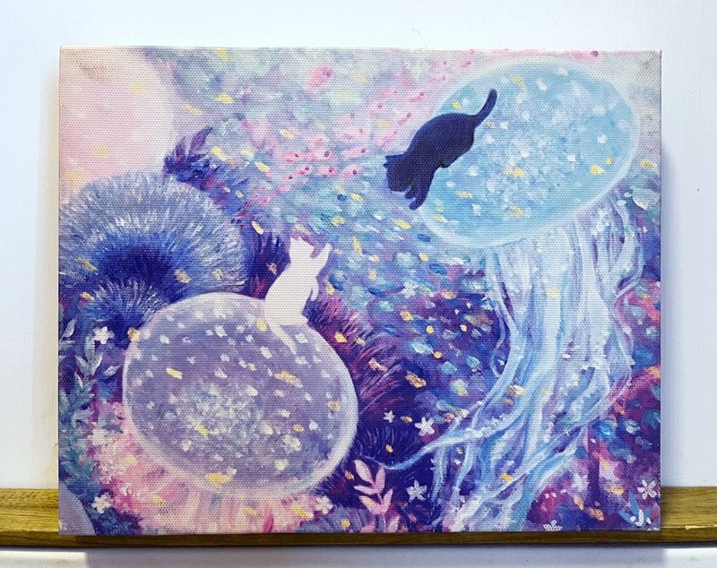 黑白貓神祕之旅插畫複製無框畫油畫布連木框 - 海報/掛畫/掛布 - 顏料 紫色