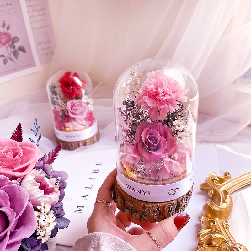 Rose/carnation glass cover dry flower immortal flower night light wedding mother's day gift graduation - Dried Flowers & Bouquets - Plants & Flowers Multicolor
