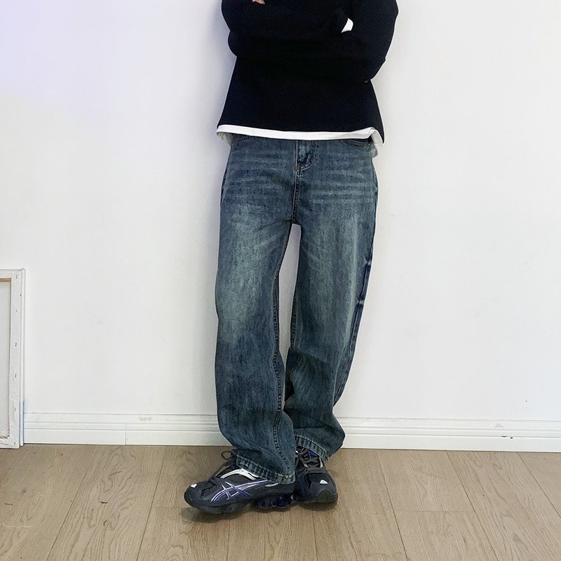 7AB 重工扎花水洗做舊復古寬松牛仔褲直筒休閒闊腿褲 - 男長褲/休閒褲 - 棉．麻 