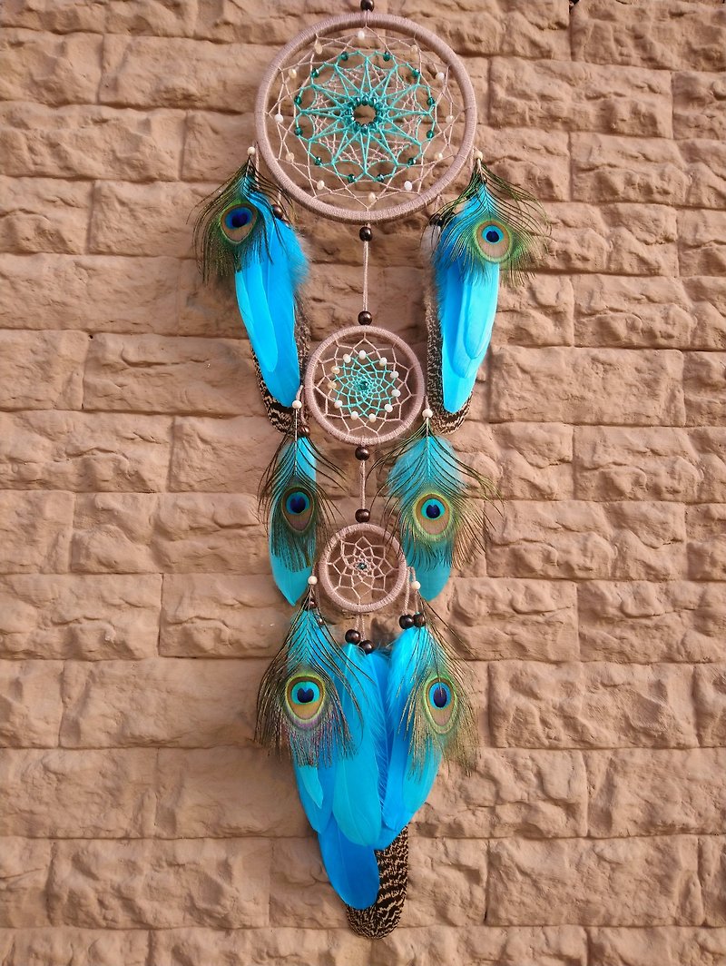 Large turquoise natural peacock feather dream catcher - 牆貼/牆身裝飾 - 其他材質 多色