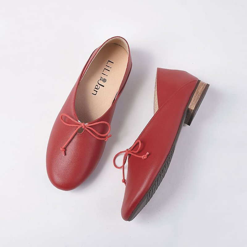 [Temperament Vienna] Very soft sheepskin bowknot ballet shoes_pure red - Mary Jane Shoes & Ballet Shoes - Genuine Leather Red