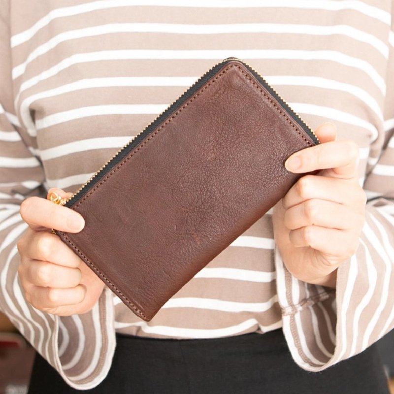 TIDY2.0 Small Long Wallet Made in Japan Tochigi Leather L-shaped Zipper Long Wallet Tidy Compact Key Pocket Lightweight Thin Anti-skimming RFID Chocolate - กระเป๋าสตางค์ - หนังแท้ สีนำ้ตาล