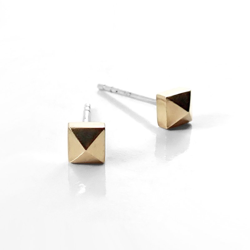 [Single Side] - Crazy Geometry | 4mm Bronze Pyramid Rivet 925 Sterling Silver Stud Earrings - ต่างหู - ทองแดงทองเหลือง สีทอง