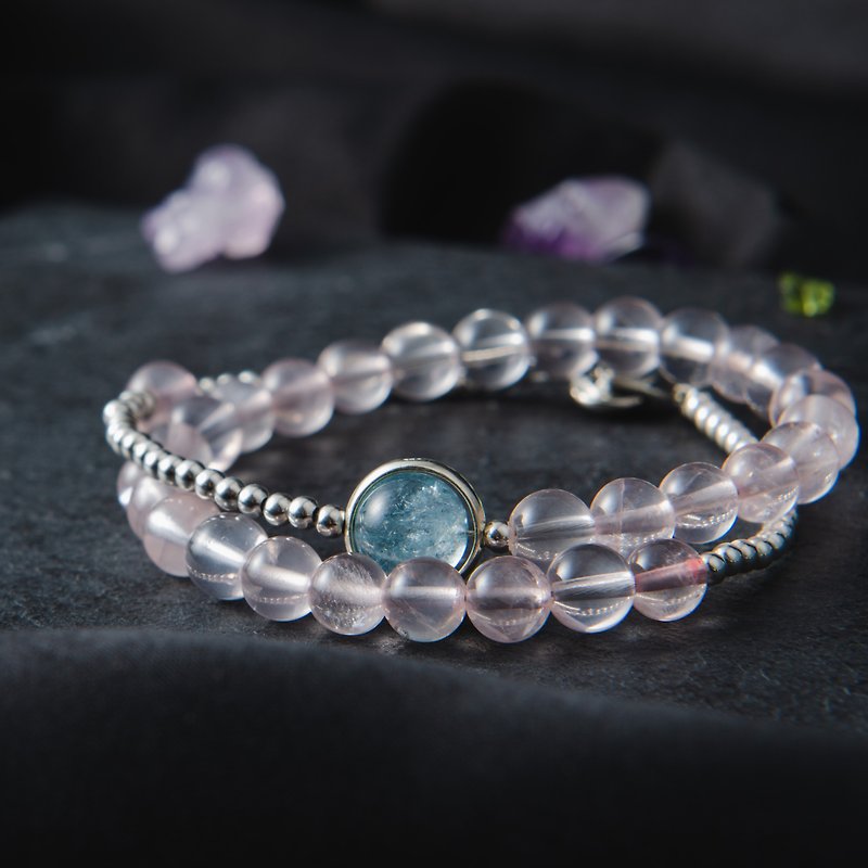 Rose Quartz. Aquamarine. 925 silver Natural Gemstone Crystal Stack Bracelet - สร้อยข้อมือ - คริสตัล สึชมพู