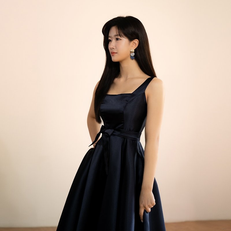 Hapburn Style Silk Navy Classic Flare Dress - One Piece Dresses - Silk Blue