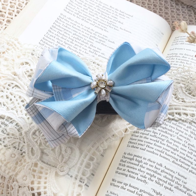 Light blue / plaid handmade bow banana clip shark clip spring clip hair comb large intestine circle hair clip - เครื่องประดับผม - วัสดุอื่นๆ สีน้ำเงิน