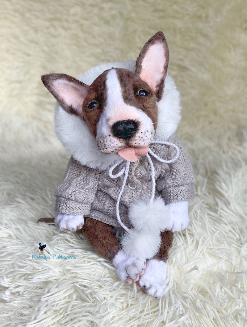 Plush bull terrier puppy, realistic toy - ตุ๊กตา - เส้นใยสังเคราะห์ ขาว