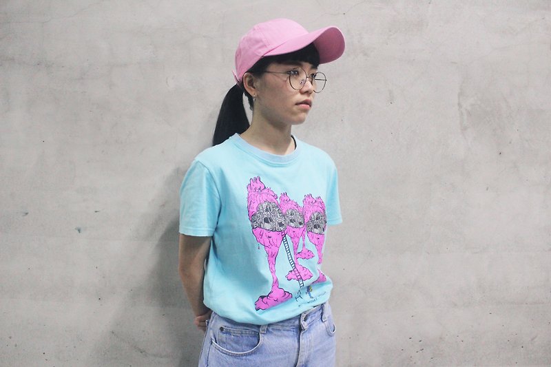 FIX YOUR HEART TEE Mechanical Heart T-shirt (Pink Blue) - เสื้อยืดผู้หญิง - ผ้าฝ้าย/ผ้าลินิน สีน้ำเงิน