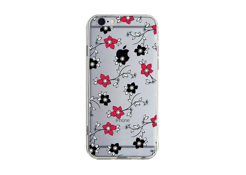 Red and black flower transparent phone case suitable for iPhone13 12 Pro Max Samsung Huawei PCTP-JN08-2 - Phone Cases - Plastic Red