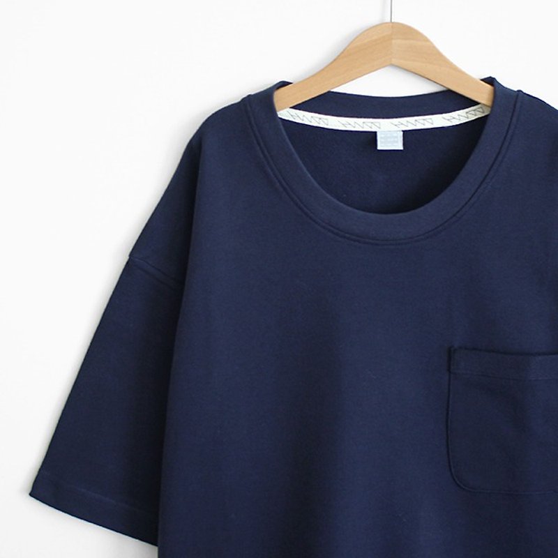 ゆったりとしたドロップショルダーの裾、スプリットフィット、ピュアコットン、厚手の無地ポケットTシャツ完売 - Tシャツ - コットン・麻 ブルー