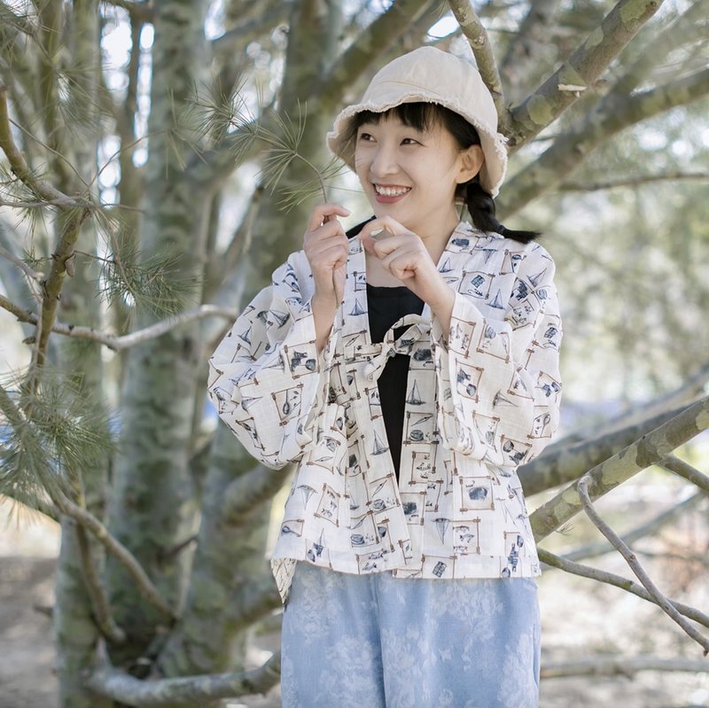 日系仙女和風開衫 羽織印花和服空調衫 - 女上衣/長袖上衣 - 羊毛 白色