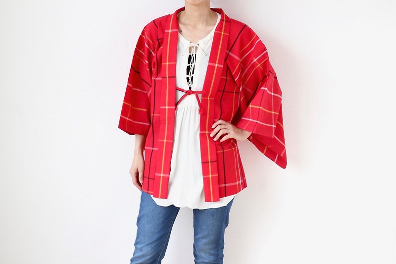 wool kimono, plaid haori, kimono jacket, kawaii, kimono top /3863 - เสื้อแจ็คเก็ต - เส้นใยสังเคราะห์ สีแดง