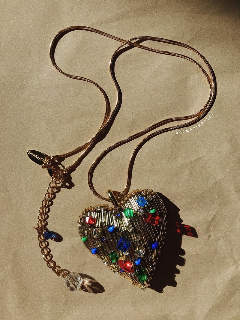 Beaded Heart Choker, Embroidered Love Necklace - Necklaces - Glass Gold