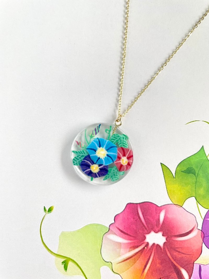 Clear necklace of morning glories, hand-painted, blue, purple, transparent - สร้อยคอ - เรซิน หลากหลายสี